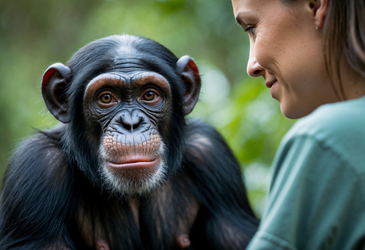 A human and a chimpanzee making gentle eye contact in a natural outdoor setting.