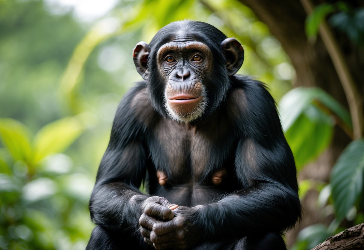 A chimpanzee sitting among green foliage, looking attentive with its mouth slightly open as if communicating.