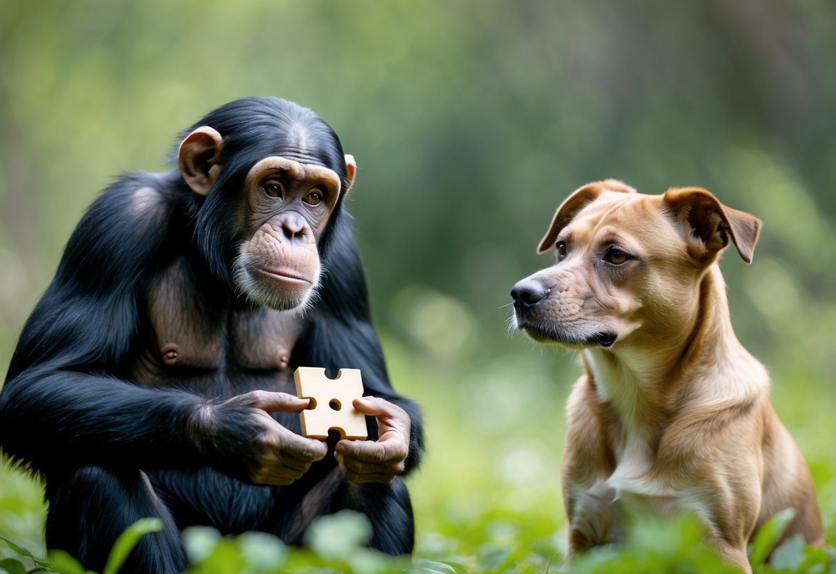 A chimpanzee and a dog sitting side by side outdoors, both looking attentive and curious.