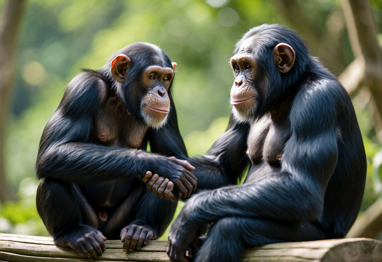 A chimpanzee and a human sitting close together outdoors, gently holding hands and looking at each other affectionately.