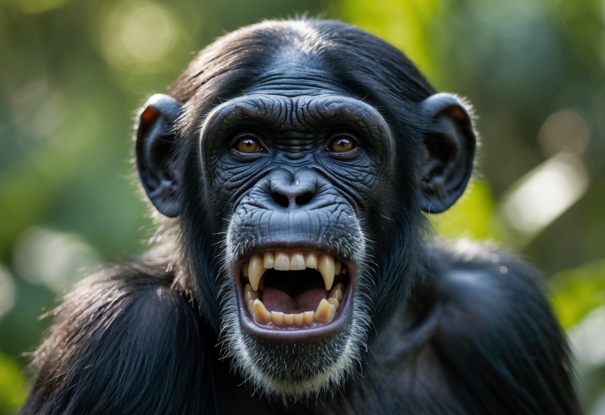 Close-up of a chimpanzee baring its teeth with a focused expression in a natural outdoor environment.