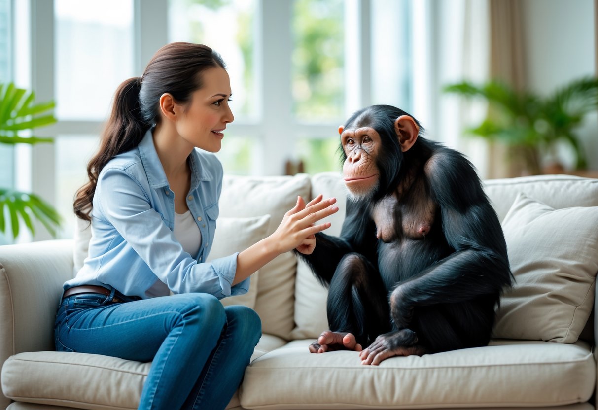 A young woman cautiously interacting with a chimpanzee sitting on a sofa in a bright living room.