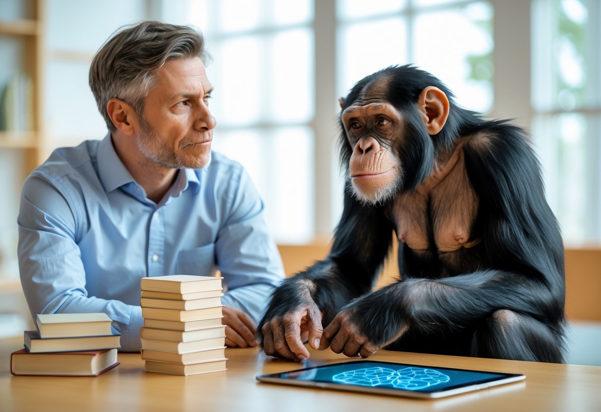 A human and a chimpanzee sitting across from each other at a table with books and a puzzle cube, looking thoughtfully at one another.