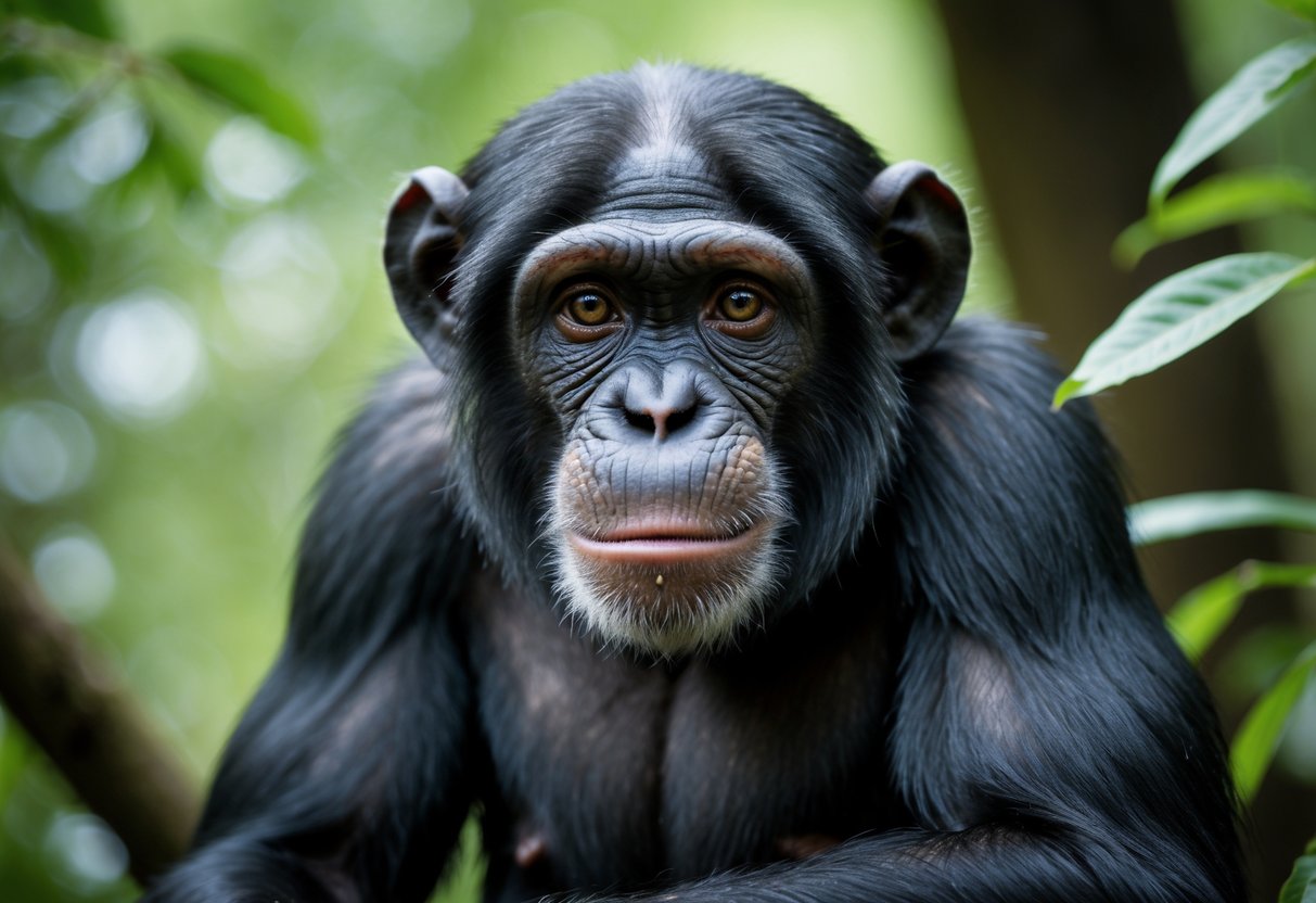 A chimpanzee sitting in a forest looking thoughtfully towards the camera.