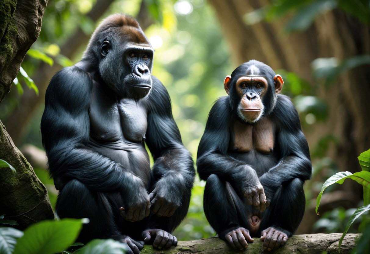 A gorilla and a chimpanzee sitting side by side in a jungle setting, both looking thoughtful and attentive.