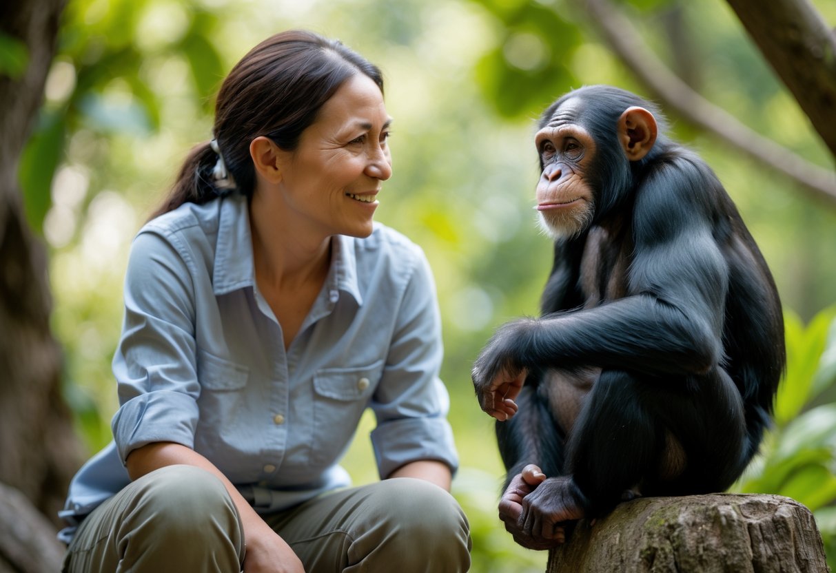 A human smiling gently at a chimpanzee sitting calmly outdoors, both looking at each other.