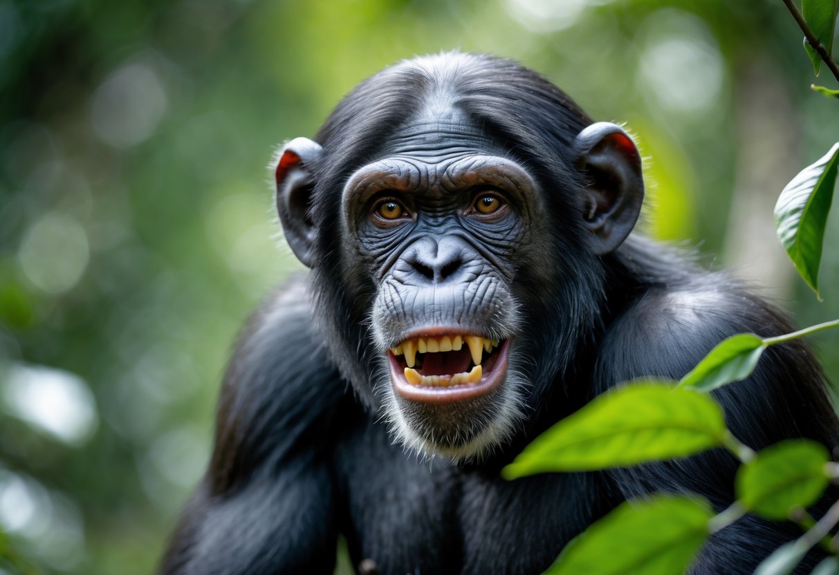 A close-up of a chimpanzee with an intense expression, showing its teeth slightly, surrounded by green foliage.