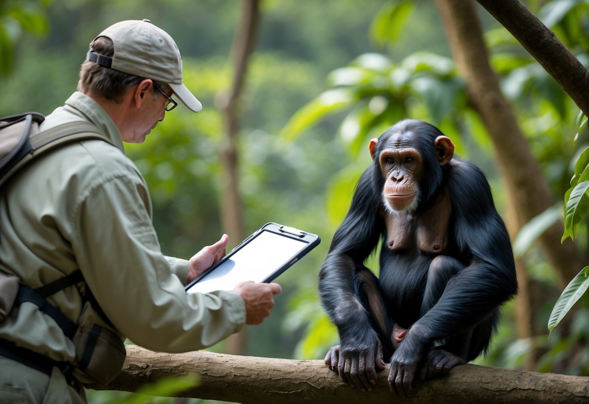 A wildlife expert observing a calm chimpanzee from a safe distance in a natural outdoor setting surrounded by green foliage.