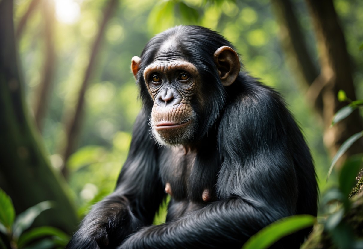 A close-up of a chimpanzee sitting in a forest, looking thoughtful and focused.