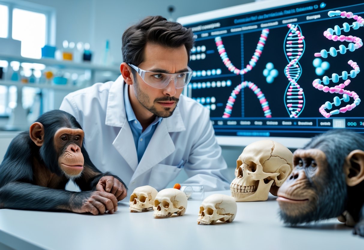 A scientist in a laboratory studying DNA models and chimpanzee skulls with a digital display comparing human and chimpanzee DNA.