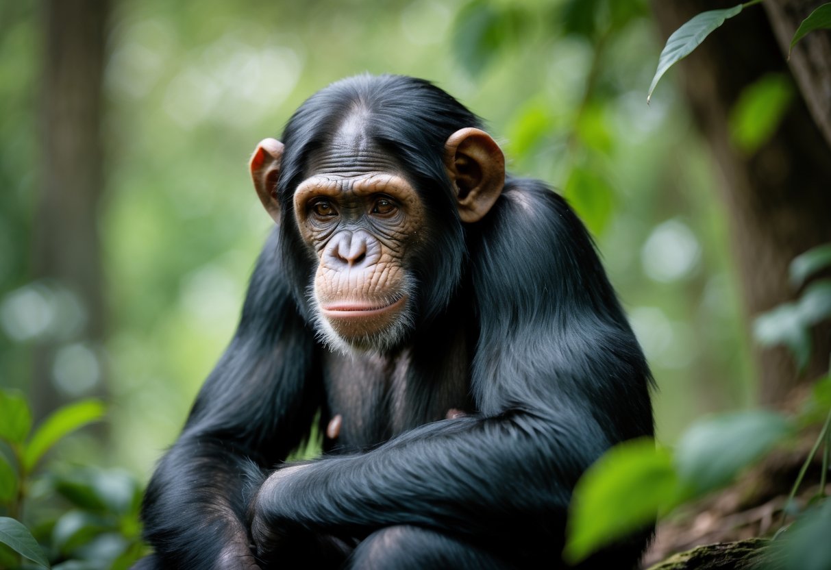 A chimpanzee sitting quietly in a forest with a somber expression.