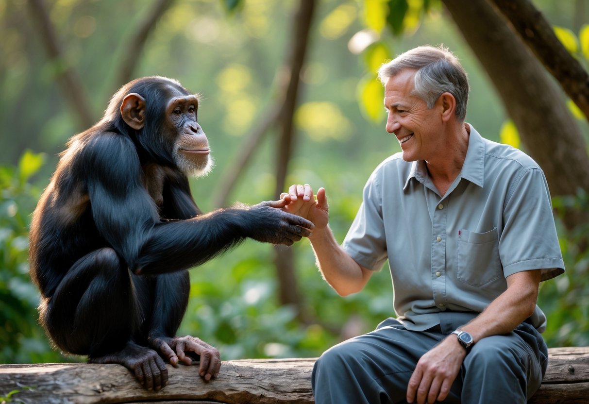 A human and a chimpanzee gently reaching out to touch hands outdoors surrounded by green trees.