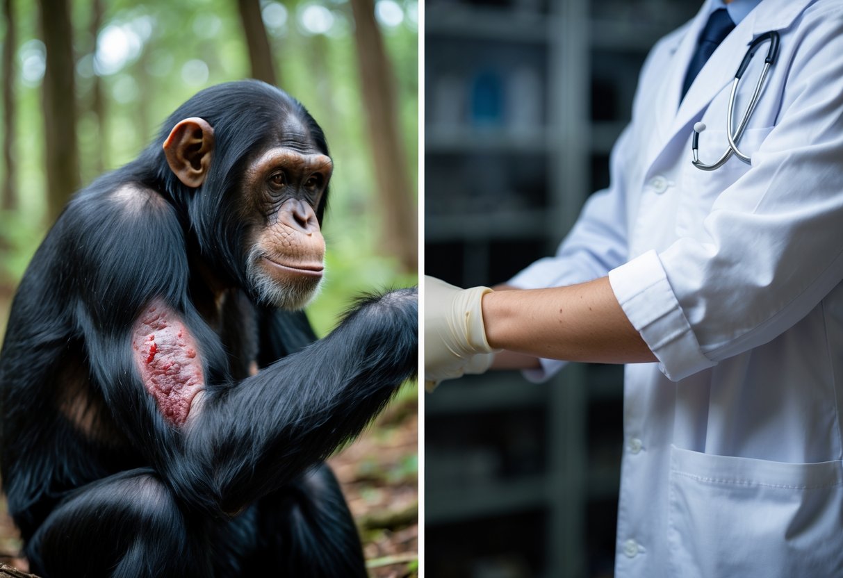 A chimpanzee and a human, each showing a healing wound on their arm, side by side for comparison.