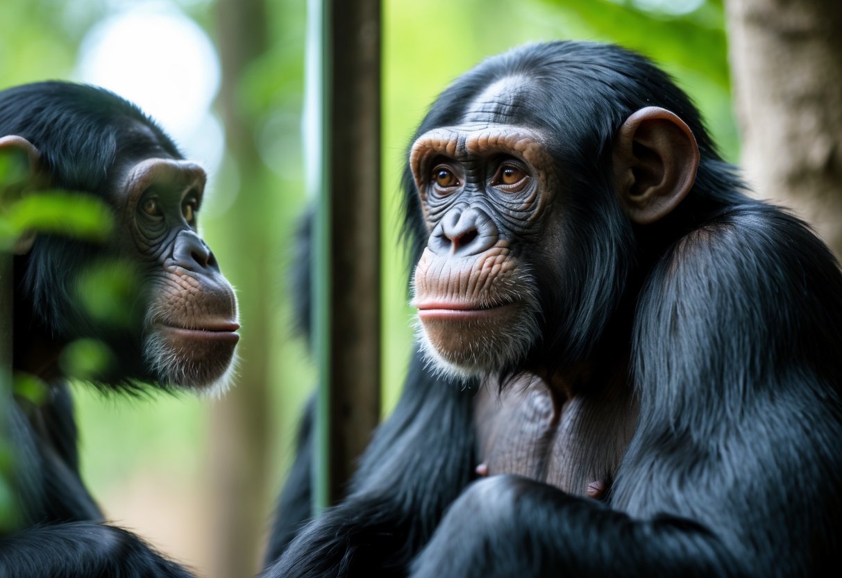 A chimpanzee looking intently at a human face reflected in a mirror outdoors.