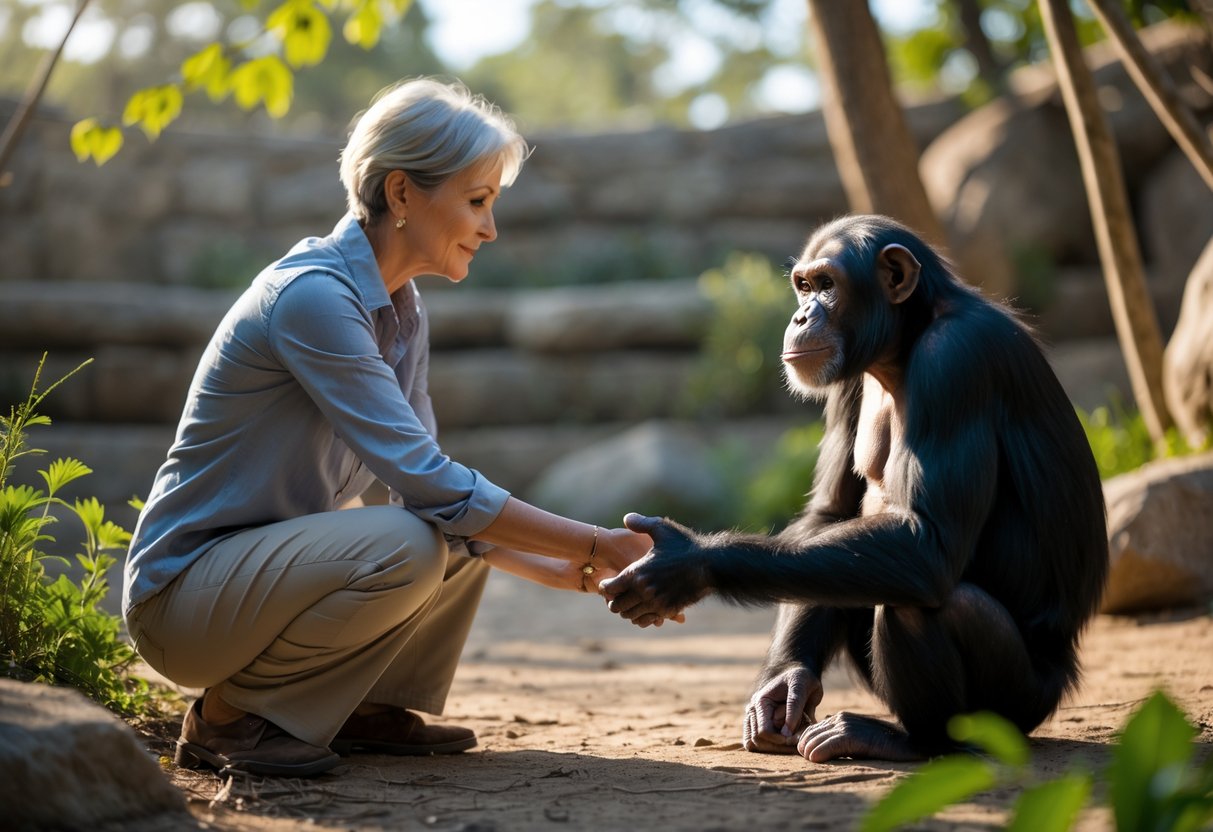 A human gently reaching out to a calm chimpanzee sitting on the ground in a natural sanctuary environment.