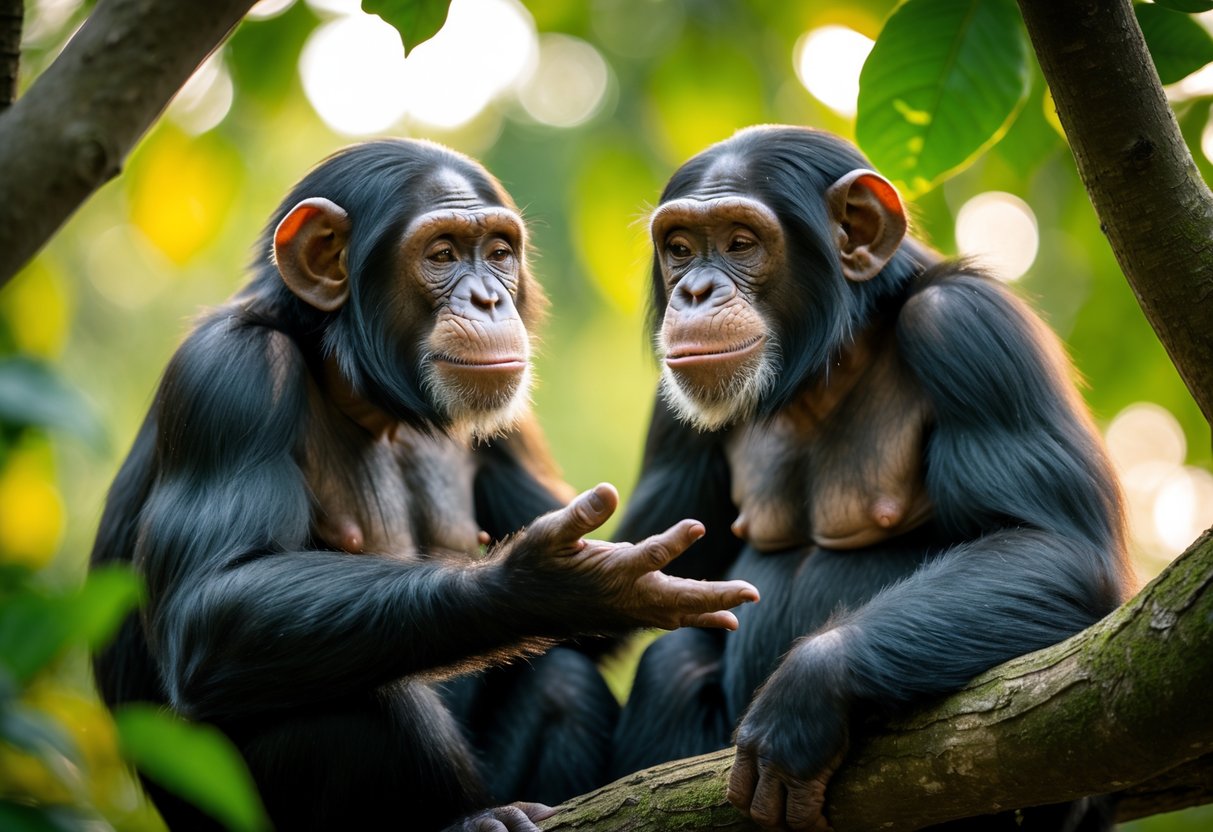 Two chimpanzees interacting closely in a forest, one reaching out gently towards the other with playful expressions.
