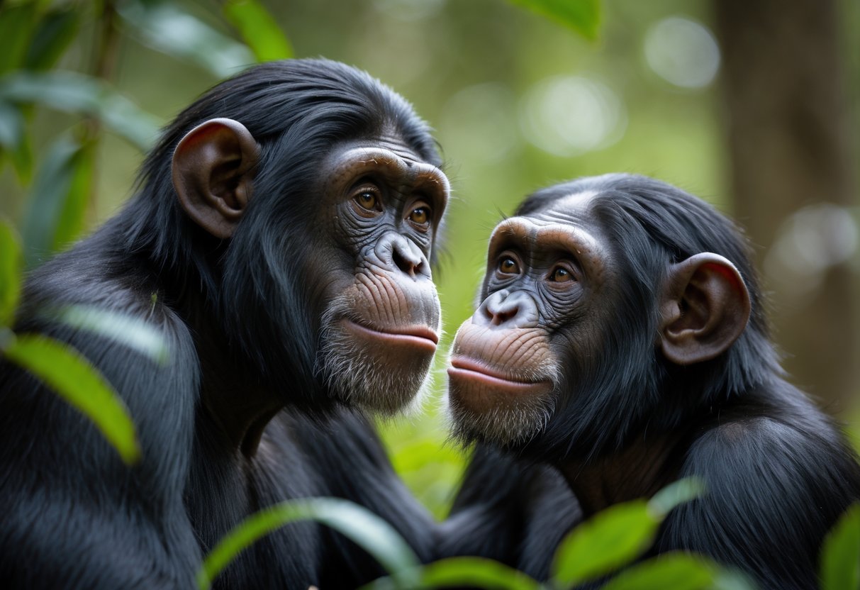 Two chimpanzees in a forest interact closely, showing playful and attentive expressions toward each other.