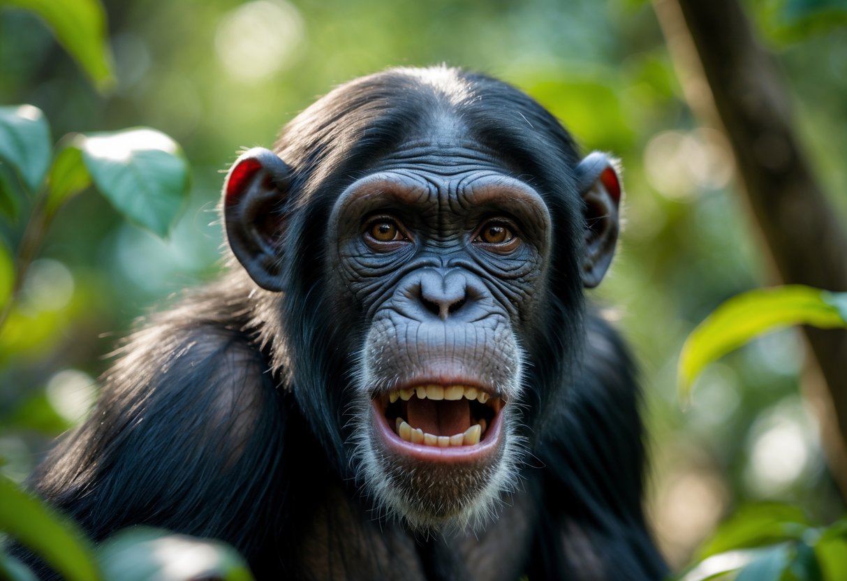 Close-up of a chimpanzee in a forest showing an intense, alert expression.