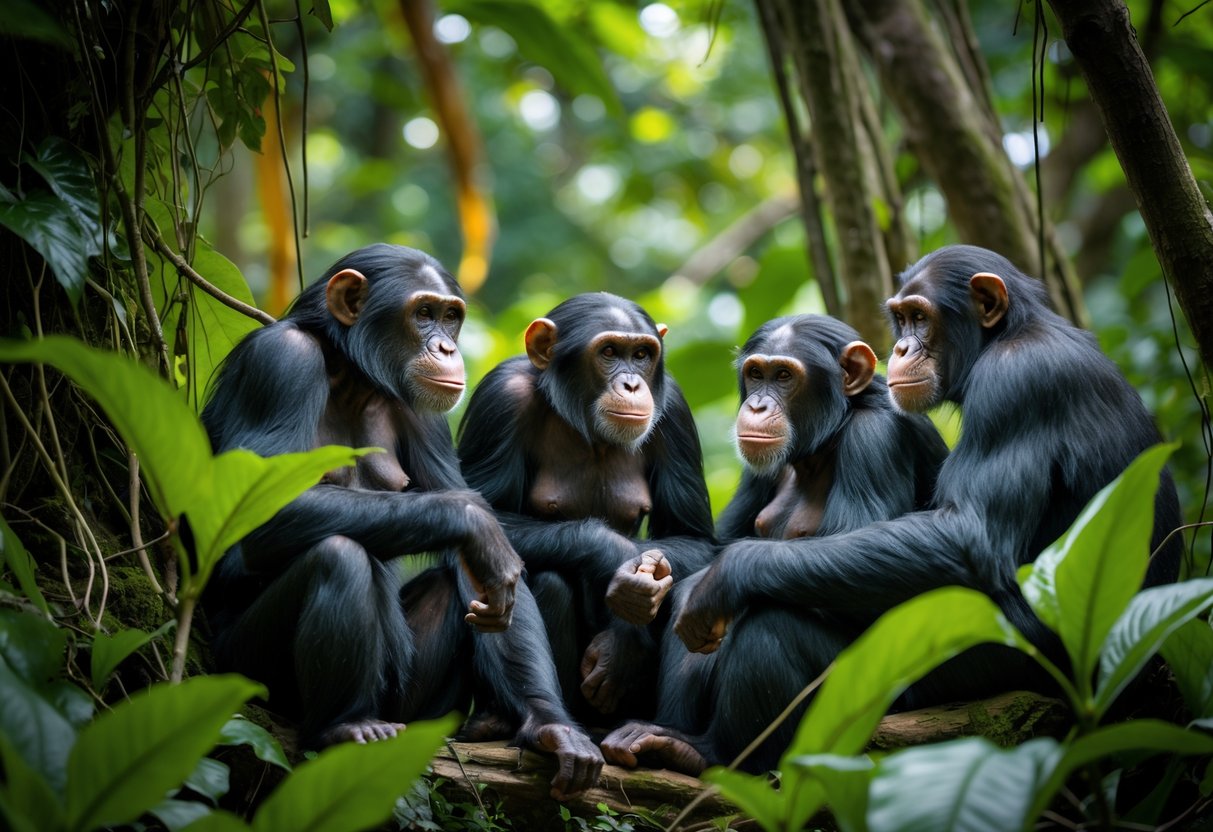 A group of female and male chimpanzees interacting closely in a dense tropical forest.