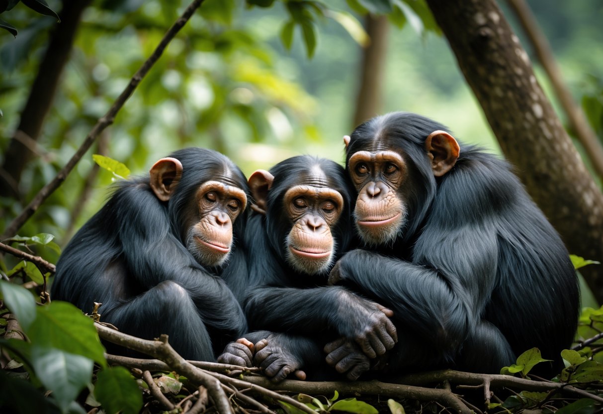 A group of chimpanzees resting closely together on leaves in a forest, showing social bonding.