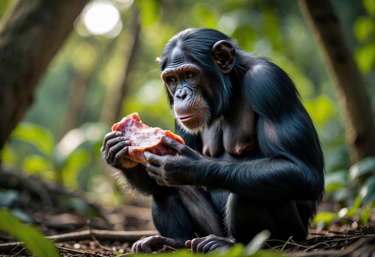 A chimpanzee sitting in a forest holding and looking at a piece of raw meat.