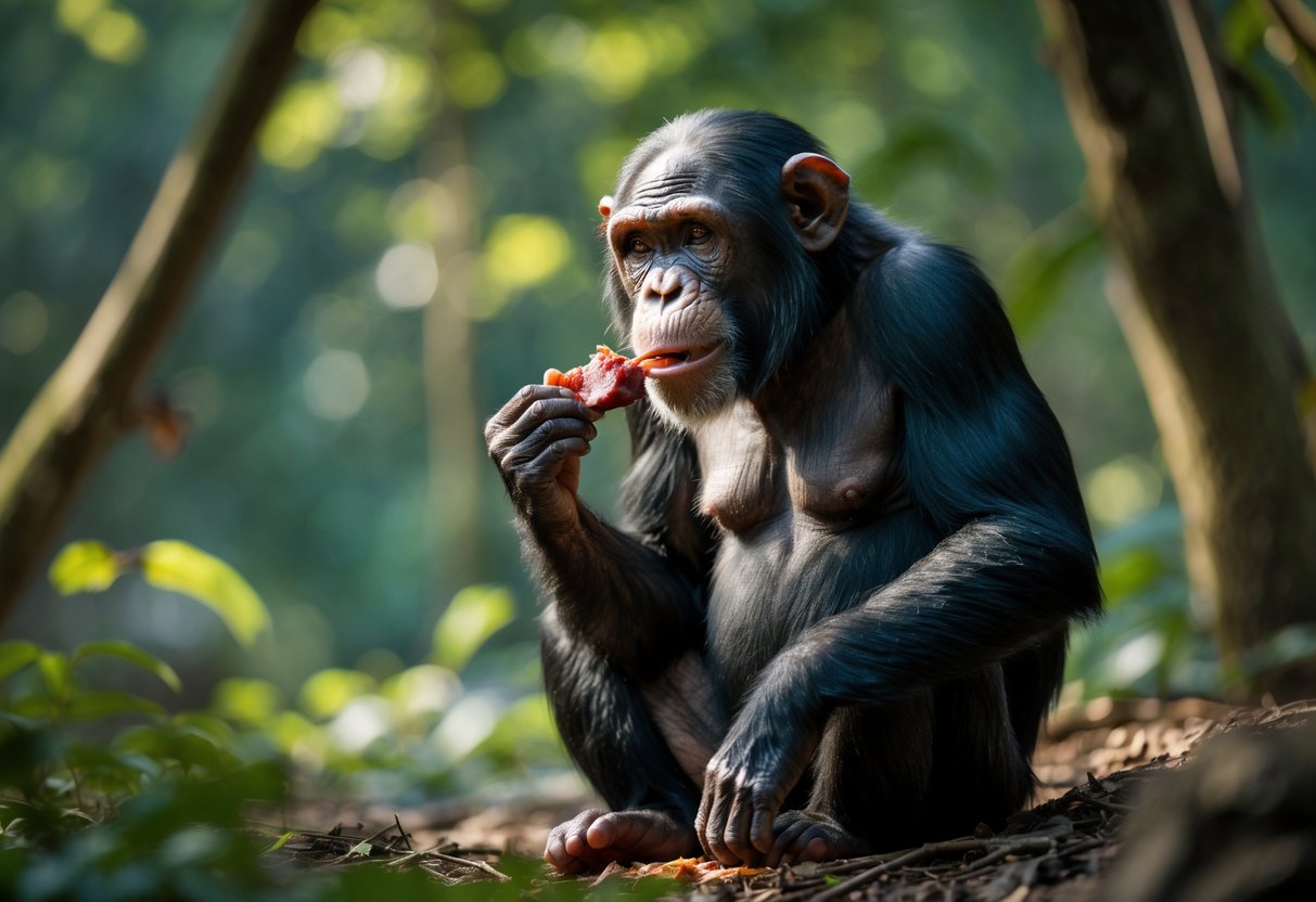 A female chimpanzee sitting in a forest eating a piece of meat.