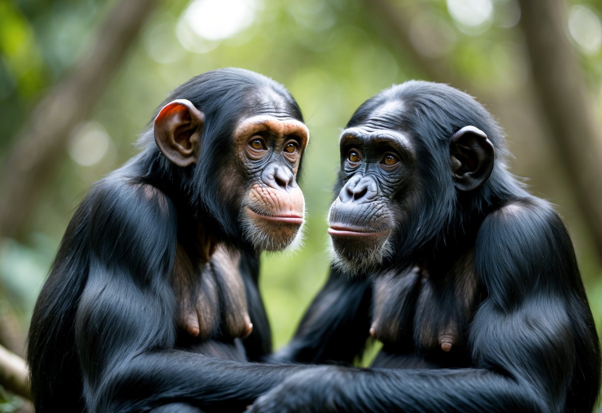 A chimpanzee and a human sitting face-to-face outdoors, making direct eye contact.