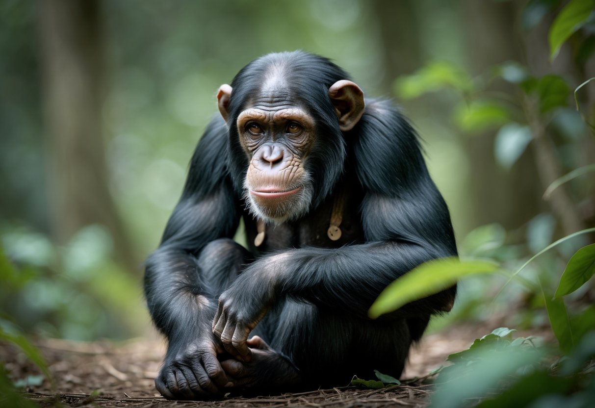 A chimpanzee sitting on the forest floor with a thoughtful expression, surrounded by green foliage.