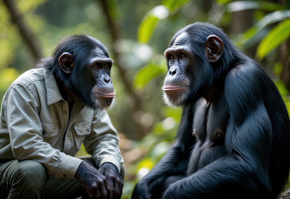 A person and a chimpanzee calmly observing each other in a natural outdoor setting, with the chimpanzee looking slightly away to avoid direct eye contact.