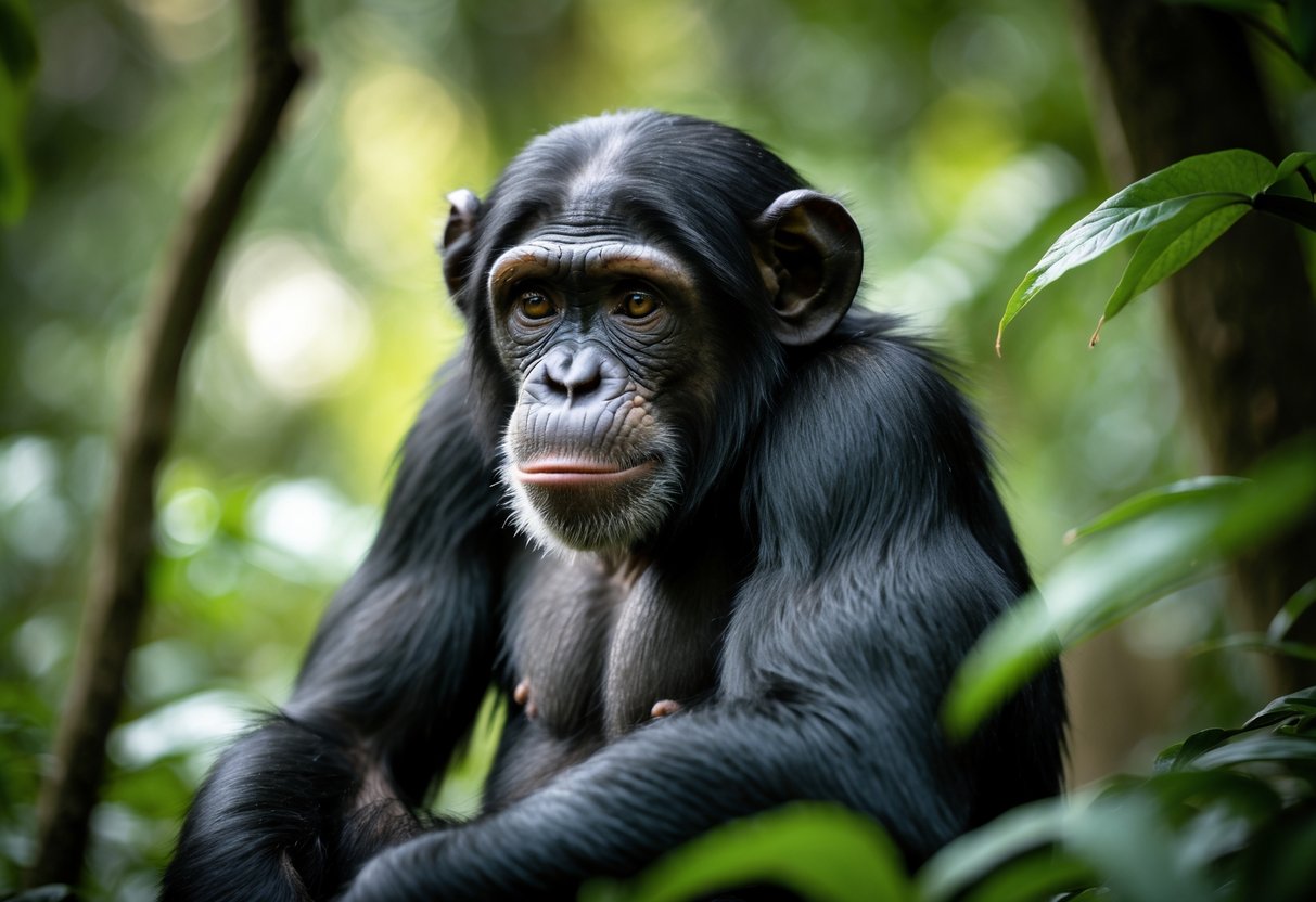 A chimpanzee sitting in a forest, looking thoughtful and calm.