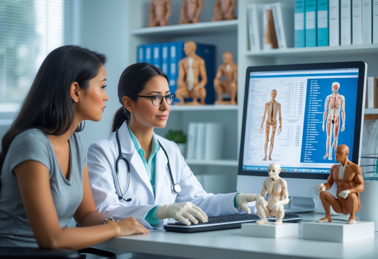 A female doctor explains genetic information to a woman patient in a medical office with anatomical models and DNA charts.