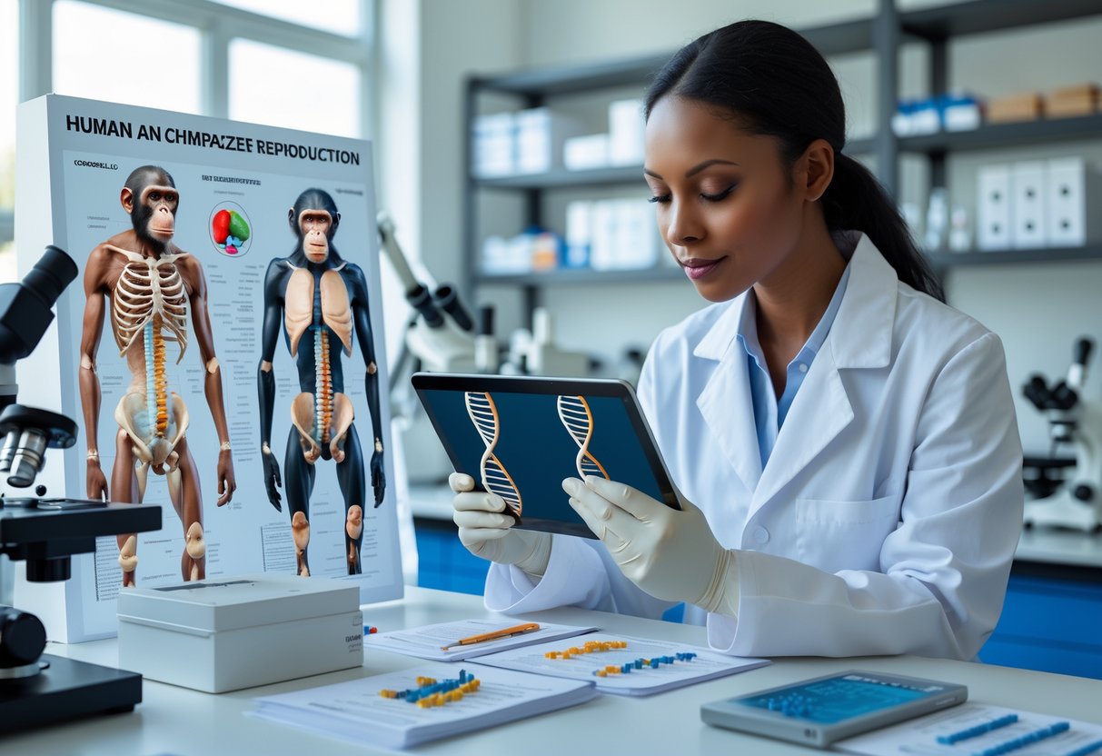 A female scientist in a laboratory studying anatomical models and charts of human and chimpanzee reproductive systems.