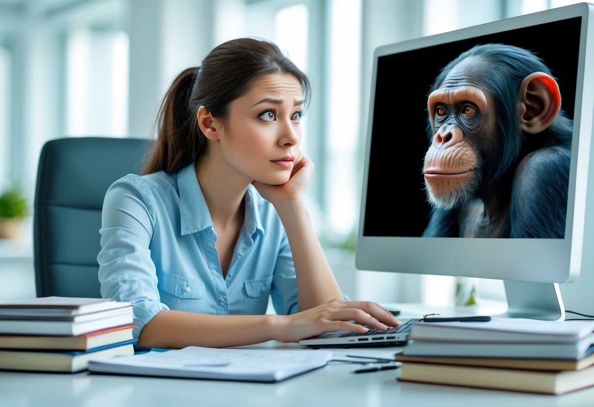 A young woman sits at a desk looking thoughtfully at a laptop, with a chimpanzee image visible on a computer screen behind her.