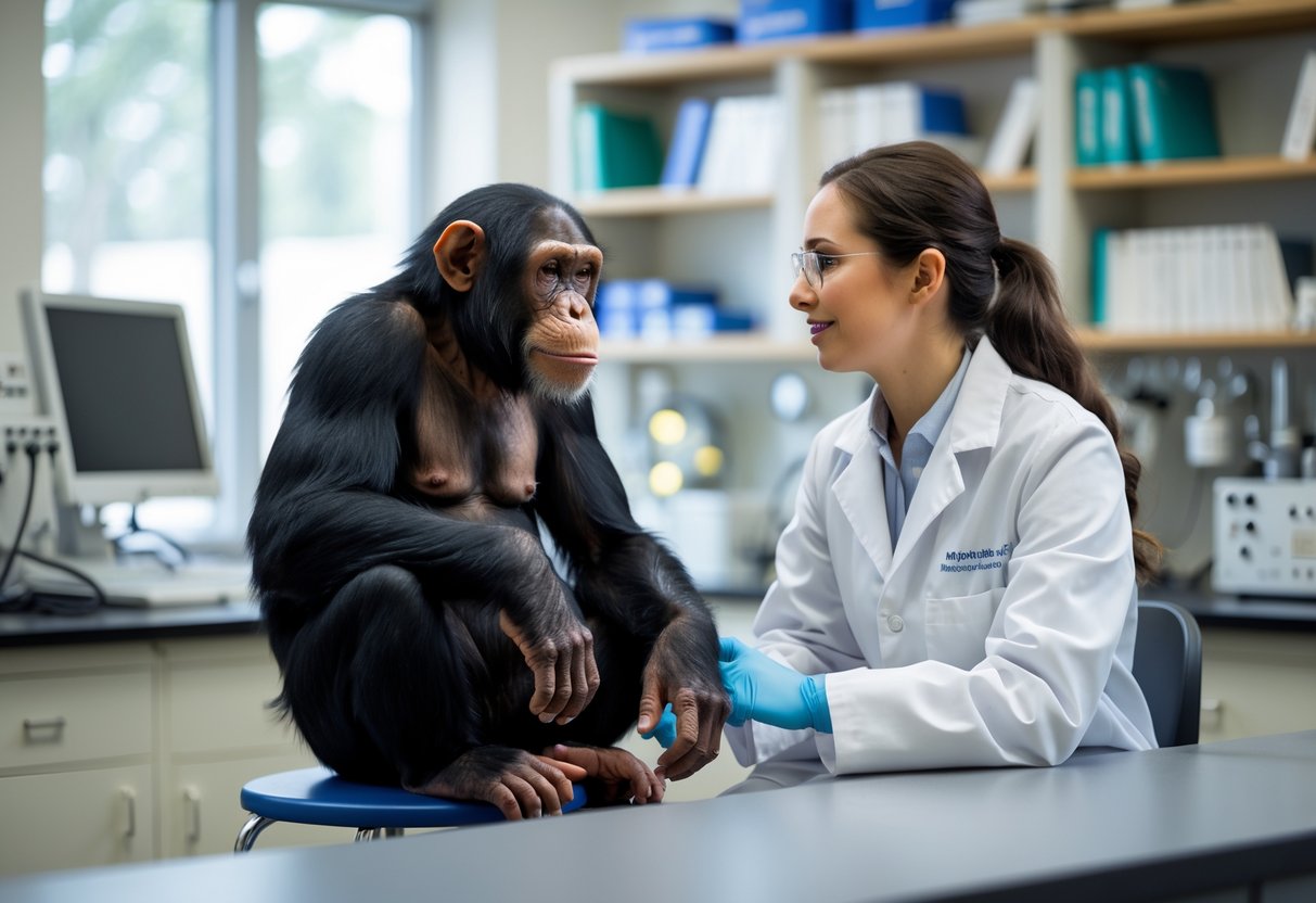 A chimpanzee and a human researcher sitting calmly next to each other in a modern laboratory setting.