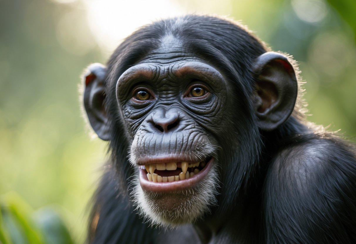 Close-up of a chimpanzee with a facial expression that looks like a smile, in a natural outdoor environment.