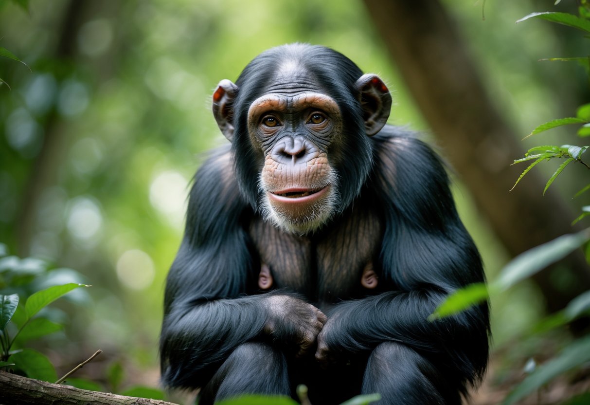 A chimpanzee sitting in a forest looking directly ahead with an expressive face.