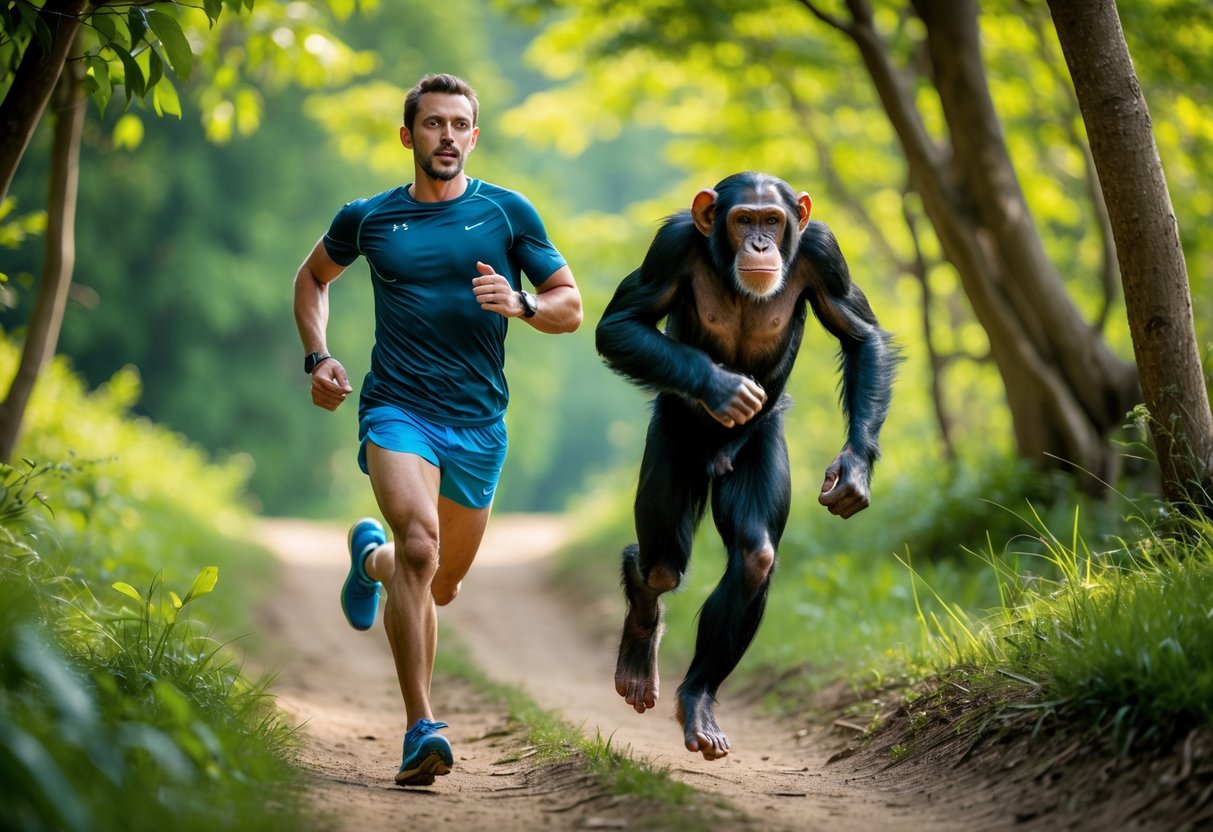 A human runner and a chimpanzee sprinting side by side on a forest trail.