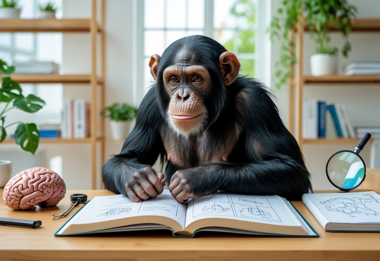 A chimpanzee sitting at a desk looking thoughtfully at an open book with scientific tools around in a bright study room.