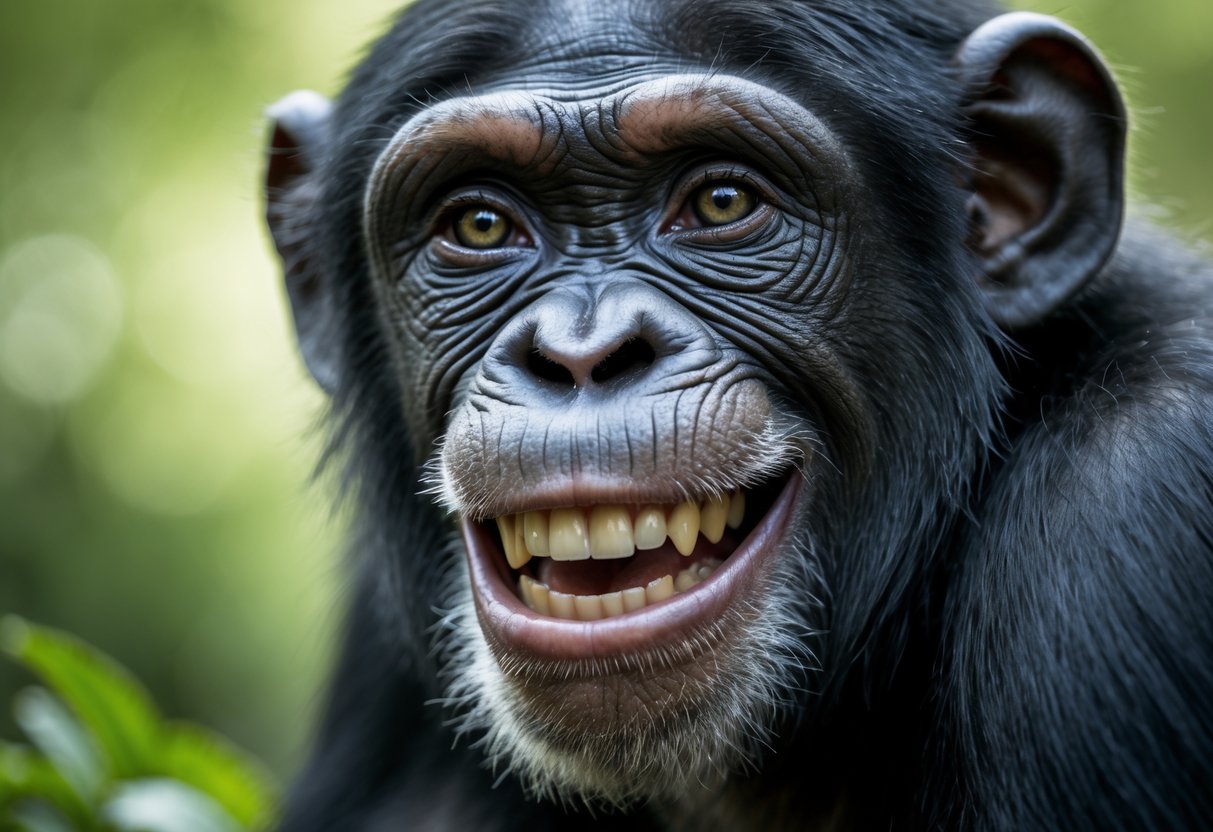 Close-up of a chimpanzee smiling gently with a natural green background.