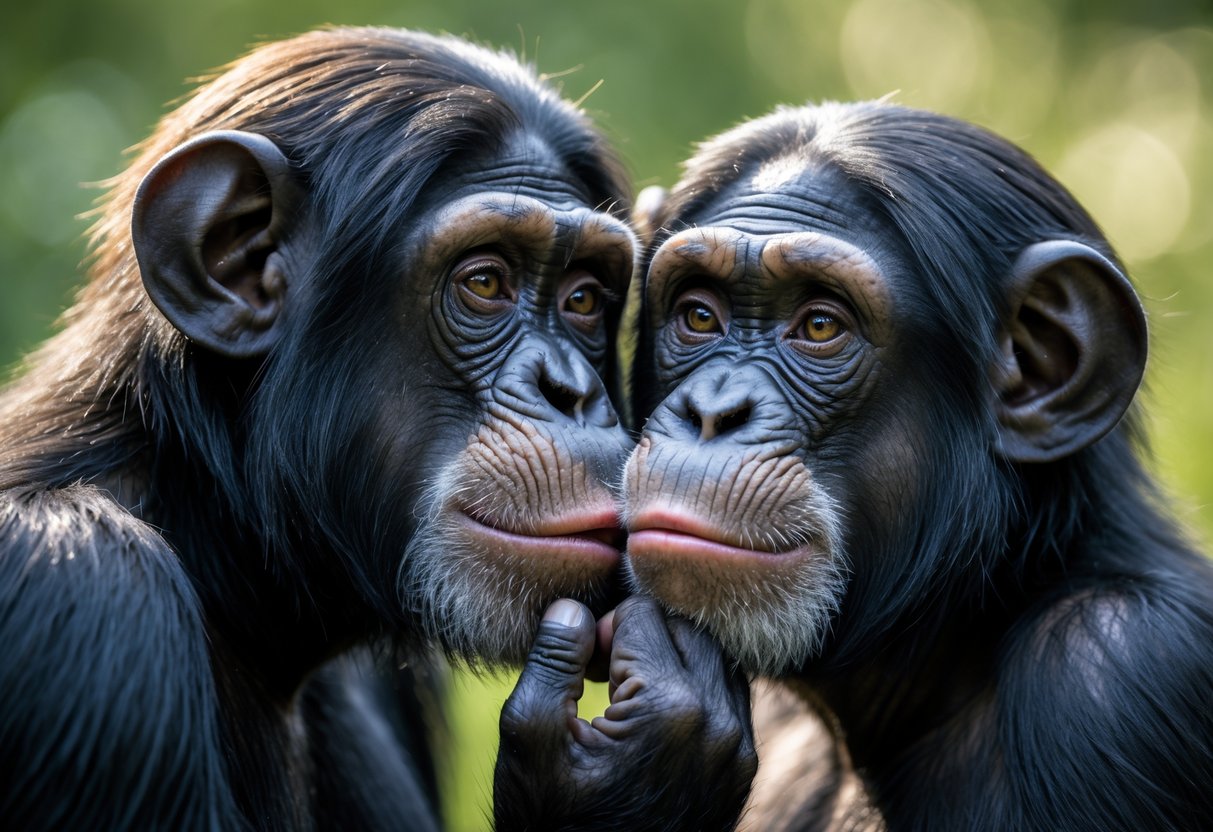 Two chimpanzees gently touching lips in an outdoor natural setting.