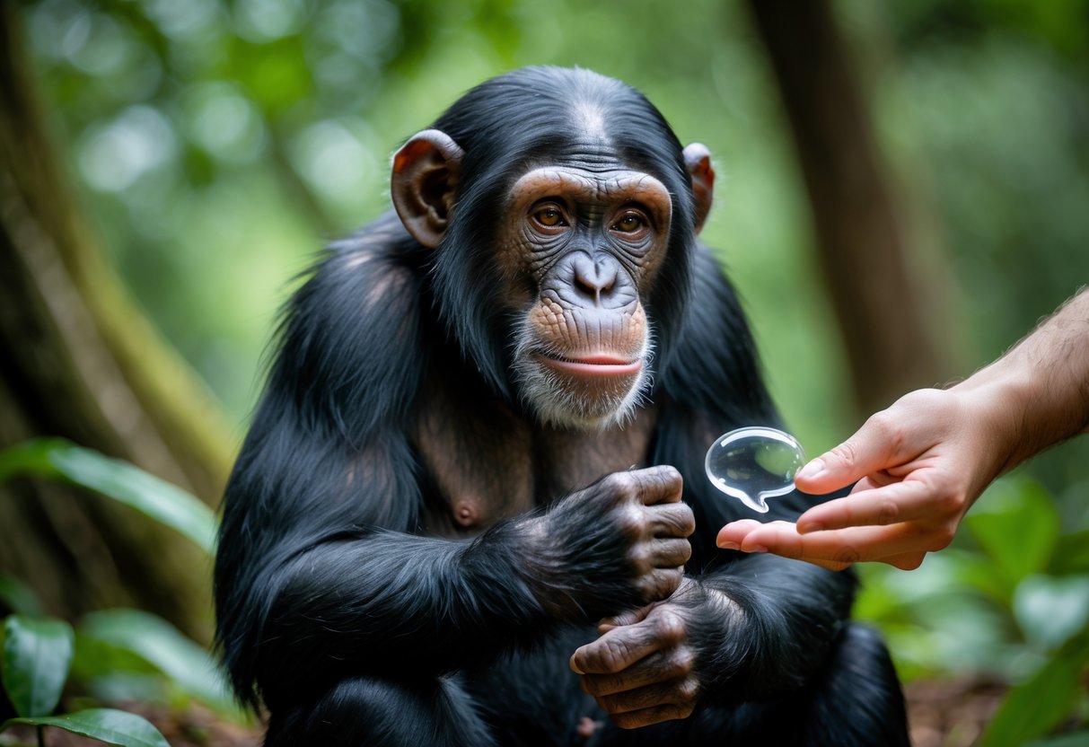 A chimpanzee sitting in a forest looking thoughtfully at a human hand holding a small glass speech bubble.