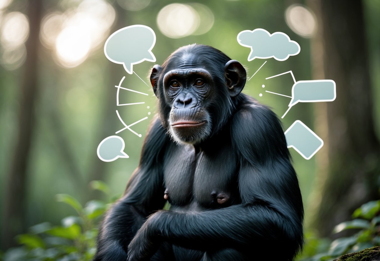 A chimpanzee sitting thoughtfully in a forest, looking ahead with a curious expression.