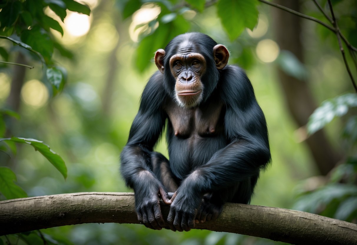 A chimpanzee sitting calmly on a tree branch in a forest, surrounded by green leaves.