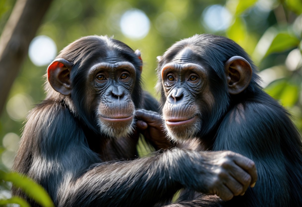 Two chimpanzees gently interacting with each other in a green forest setting.