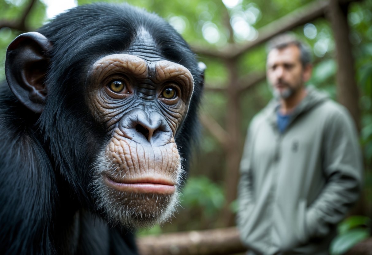 A chimpanzee looking intently at a human across a natural forest setting.