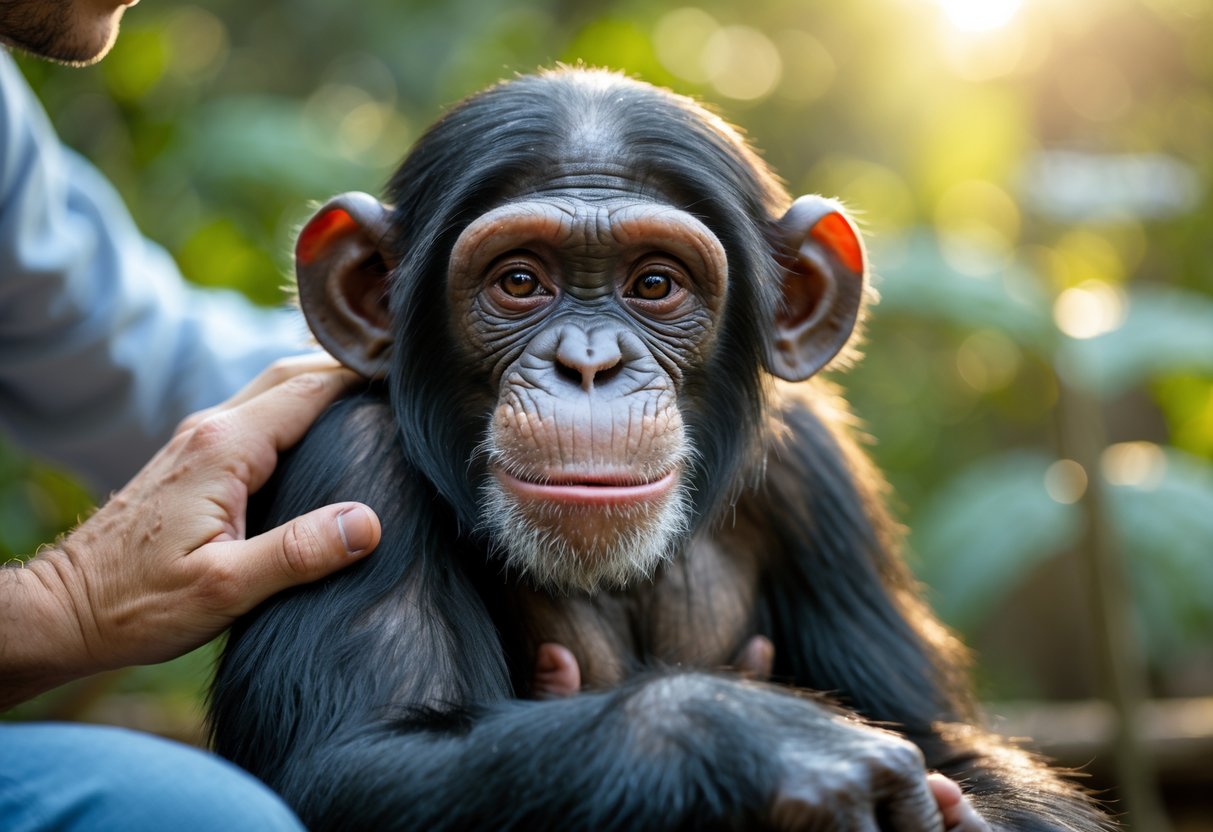 A young chimpanzee being gently hugged by a person outdoors, both appearing calm and comfortable.