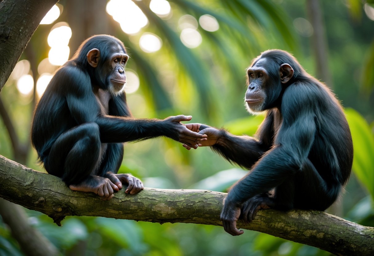 A human gently reaching out to a chimpanzee sitting on a tree branch in a forest, both looking at each other with curiosity.