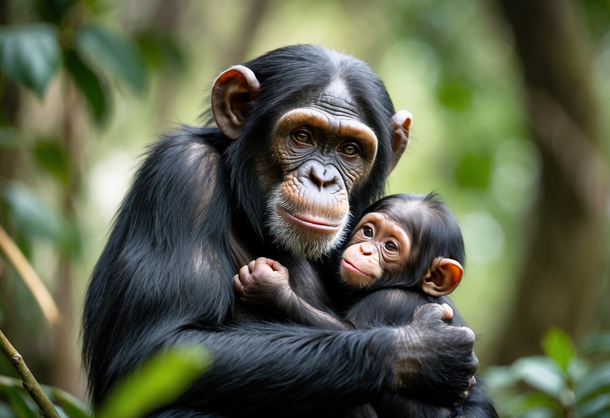 A chimpanzee mother gently holding her baby close in a forest setting.