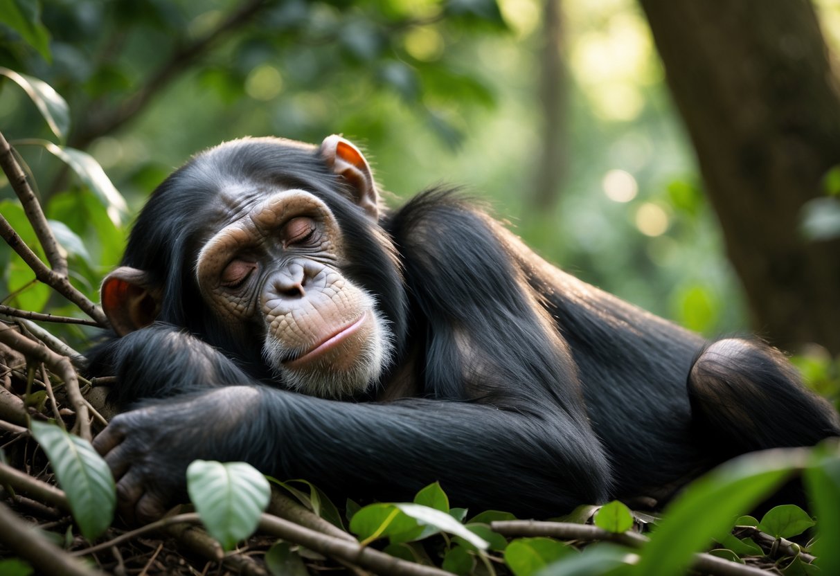 A chimpanzee sleeping peacefully on a bed of leaves in a forest.