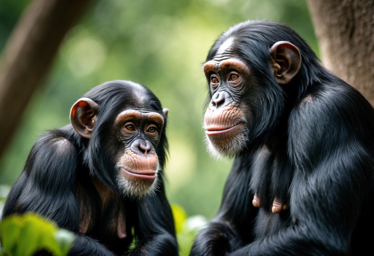 Two chimpanzees in a natural setting, one looking at the other with an expression of curiosity or jealousy.